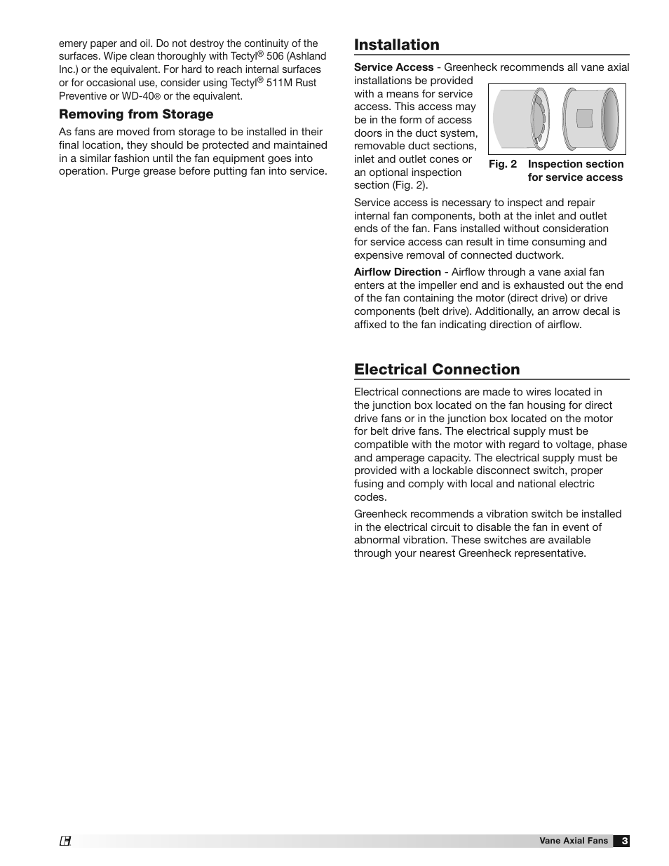 Installation, Electrical connection, Removing from storage | Greenheck Vane Axial Fans (452954) User Manual | Page 3 / 12