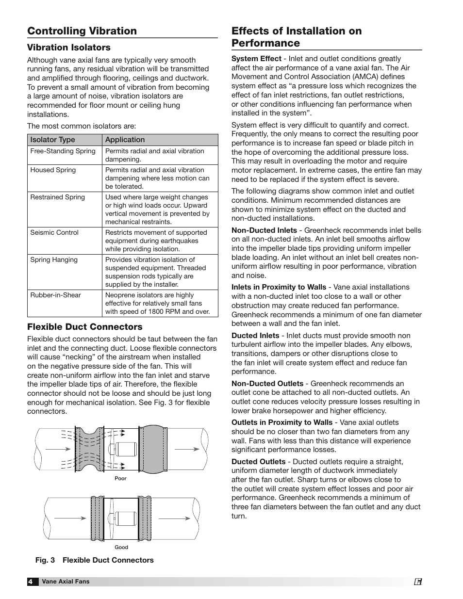 Effects of installation on performance, Controlling vibration, Vibration isolators | Flexible duct connectors | Greenheck Vane Axial Fans (452954) User Manual | Page 4 / 12
