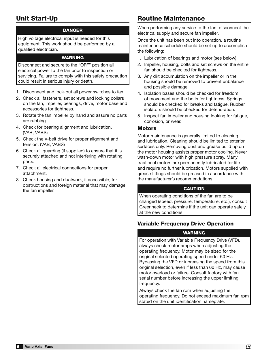 Unit start-up, Routine maintenance | Greenheck Vane Axial Fans (452954) User Manual | Page 6 / 12