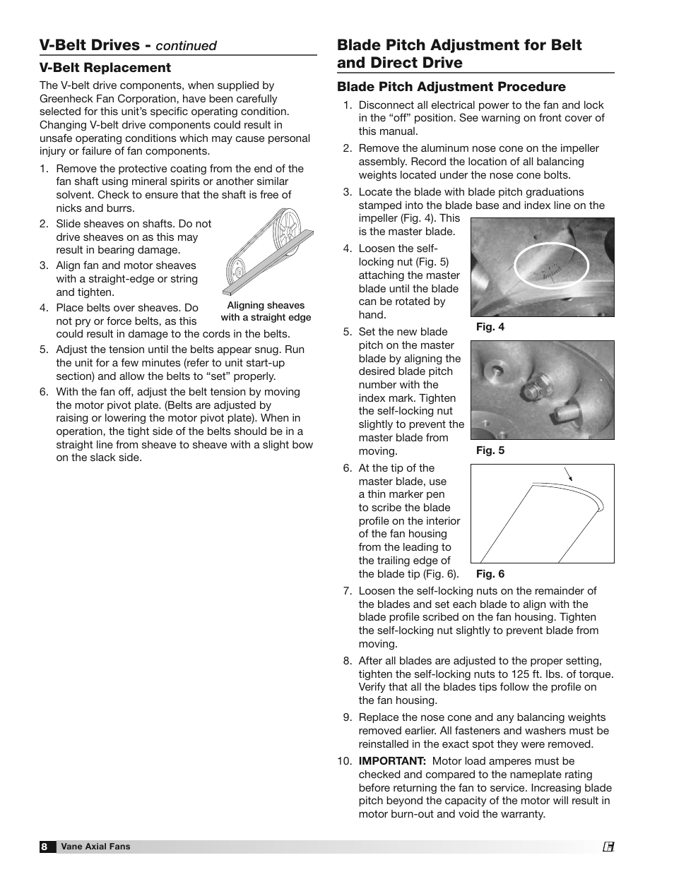 Blade pitch adjustment for belt and direct drive, V-belt drives | Greenheck Vane Axial Fans (452954) User Manual | Page 8 / 12
