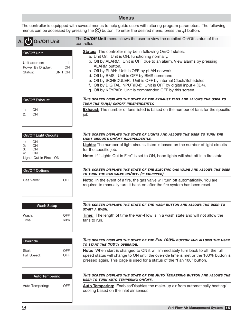 Menus a. on/off unit | Greenheck Vari-Flow Air Management System(476251) User Manual | Page 15 / 32