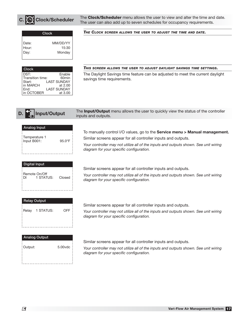 C. clock/scheduler, D. input/output | Greenheck Vari-Flow Air Management System(476251) User Manual | Page 17 / 32