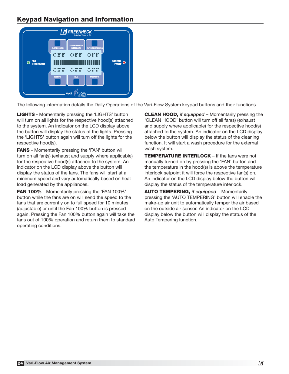 Keypad navigation and information, Vari-flow air management system | Greenheck Vari-Flow Air Management System(476251) User Manual | Page 24 / 32