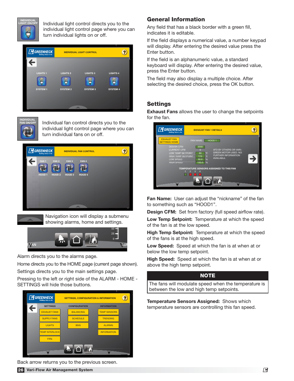Settings, General information, Vari-flow air management system | Greenheck Vari-Flow Air Management System(476251) User Manual | Page 26 / 32