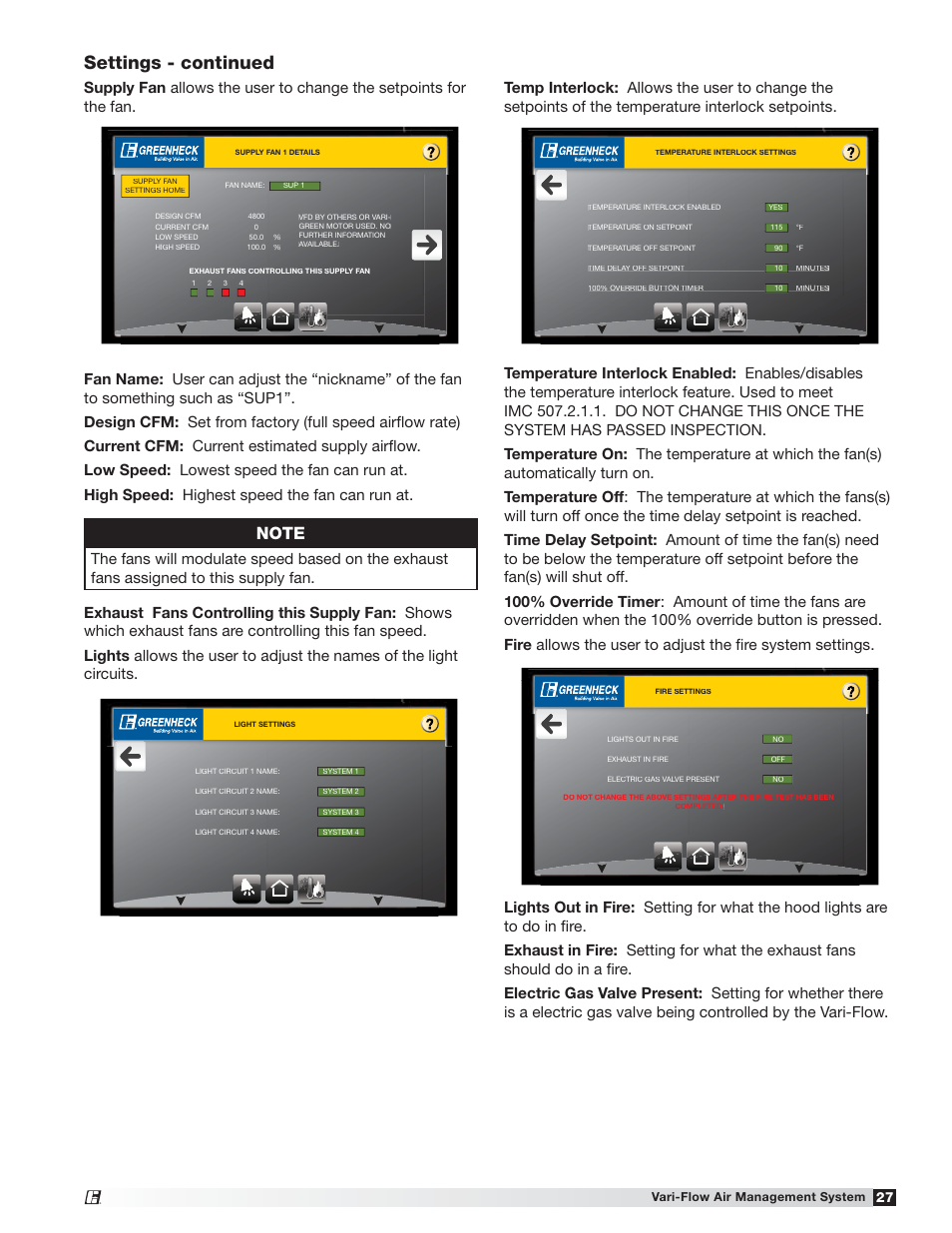 Settings - continued, Vari-flow air management system | Greenheck Vari-Flow Air Management System(476251) User Manual | Page 27 / 32