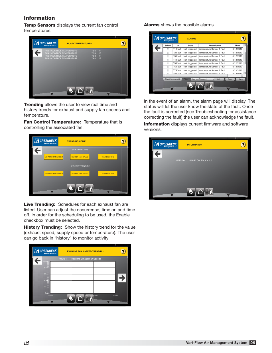 Information, Alarms shows the possible alarms, Vari-flow air management system | Greenheck Vari-Flow Air Management System(476251) User Manual | Page 29 / 32