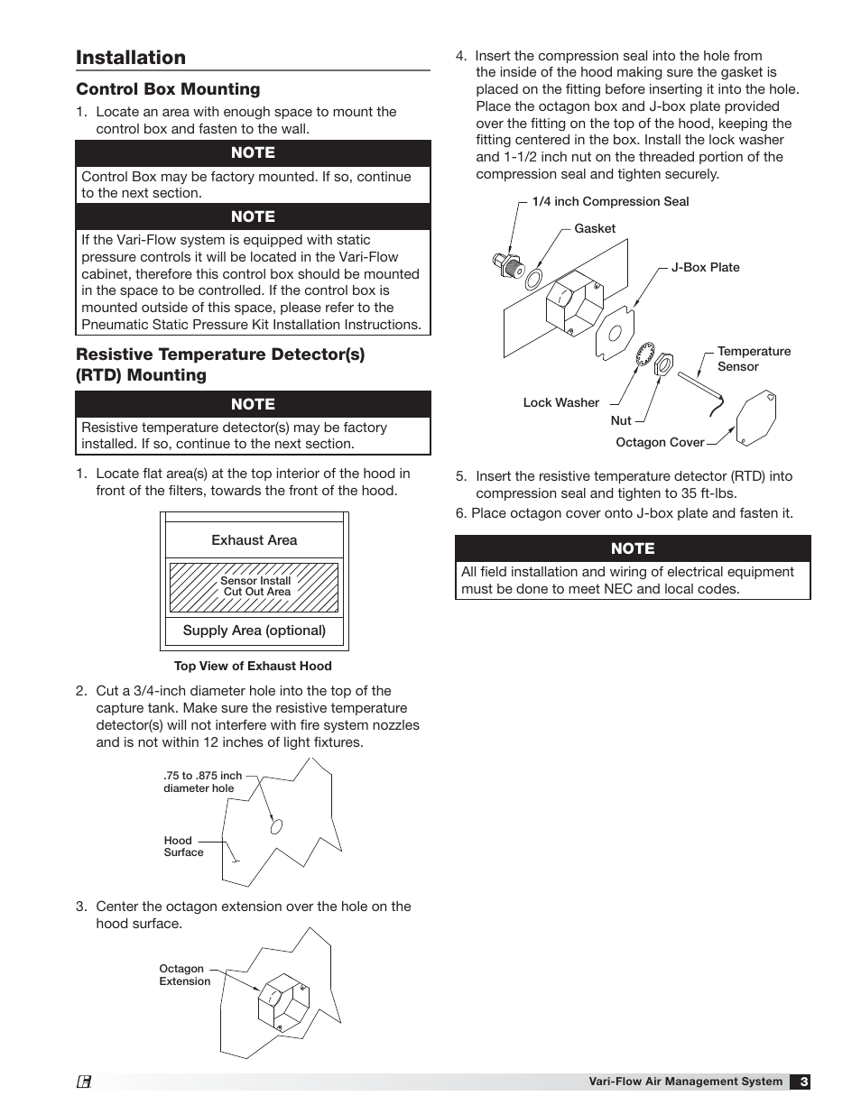 Installation, Resistive temperature detector(s) (rtd) mounting, Control box mounting | Greenheck Vari-Flow Air Management System(476251) User Manual | Page 3 / 32