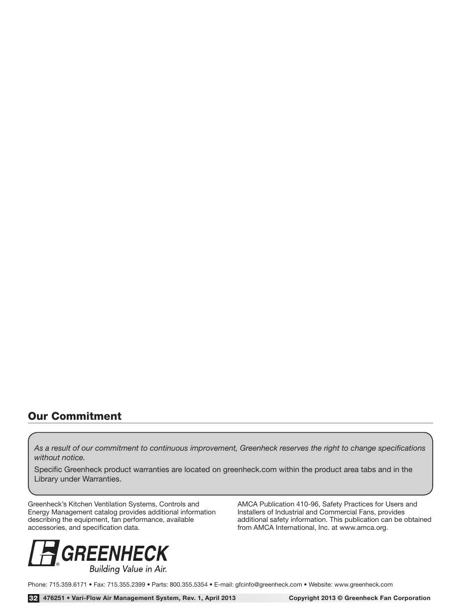 Our commitment | Greenheck Vari-Flow Air Management System(476251) User Manual | Page 32 / 32