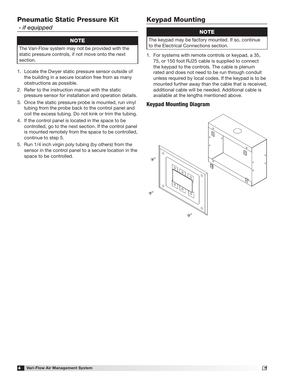 Pneumatic static pressure kit, Keypad mounting | Greenheck Vari-Flow Air Management System(476251) User Manual | Page 4 / 32