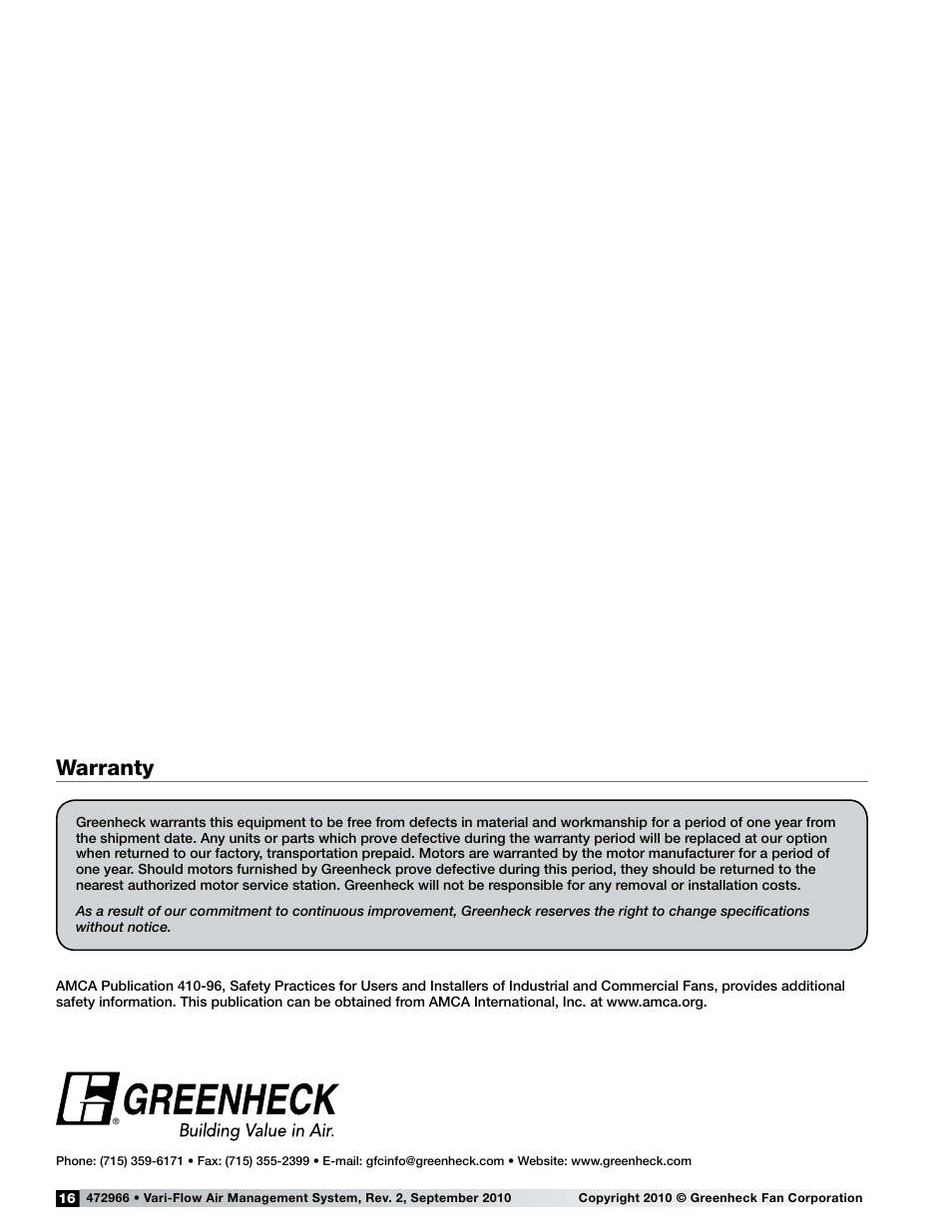 Warranty | Greenheck Vari-Flow Air Management Systems (472966) User Manual | Page 16 / 16