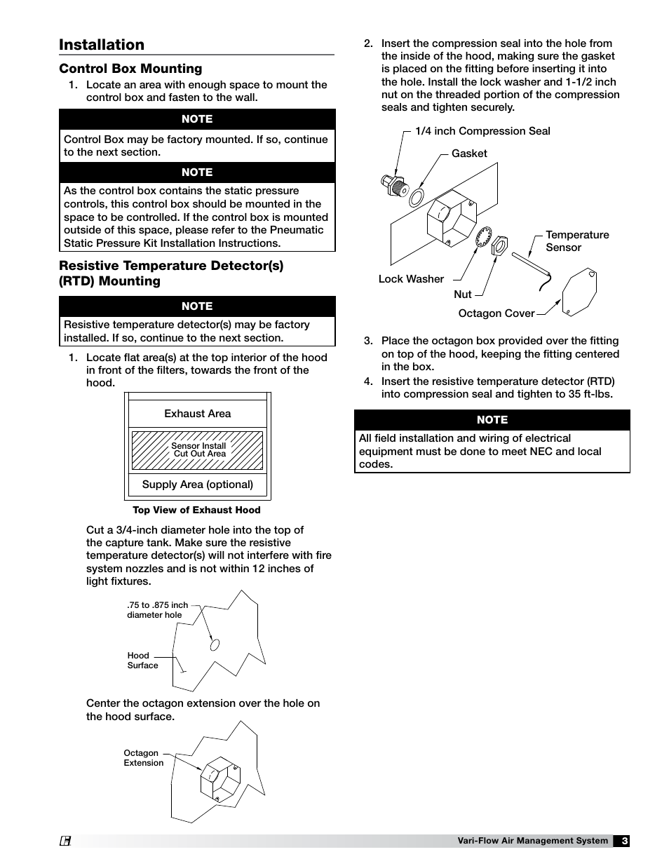 Installation, Resistive temperature detector(s) (rtd) mounting, Control box mounting | Ocooca | Greenheck Vari-Flow Air Management Systems (472966) User Manual | Page 3 / 16