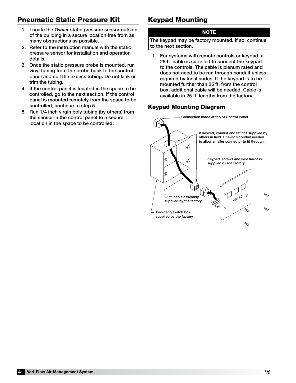 Pneumatic static pressure kit, Keypad mounting, Keypad mounting diagram | Greenheck Vari-Flow Air Management Systems (472966) User Manual | Page 4 / 16