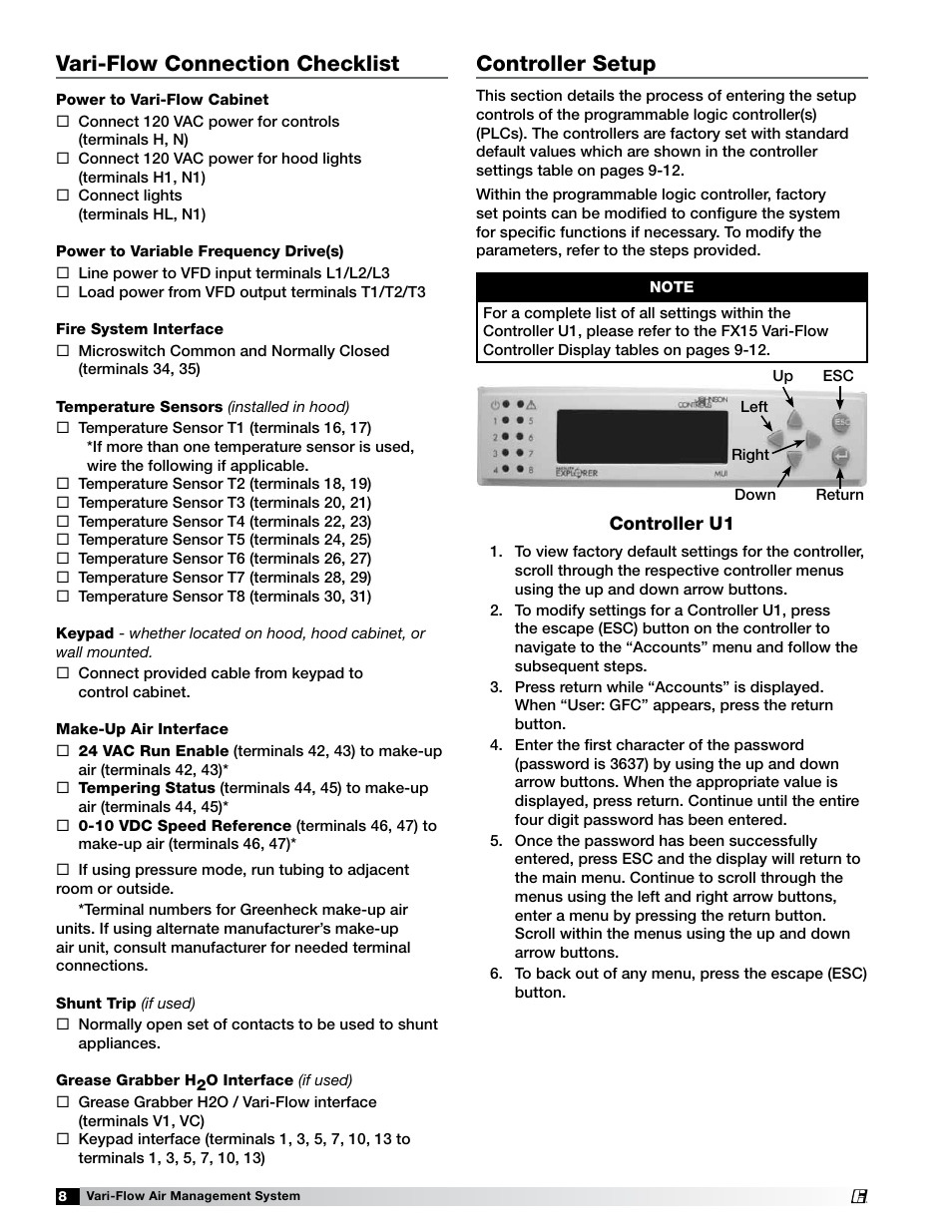 Controller setup, Vari-flow connection checklist | Greenheck Vari-Flow Air Management Systems (472966) User Manual | Page 8 / 16