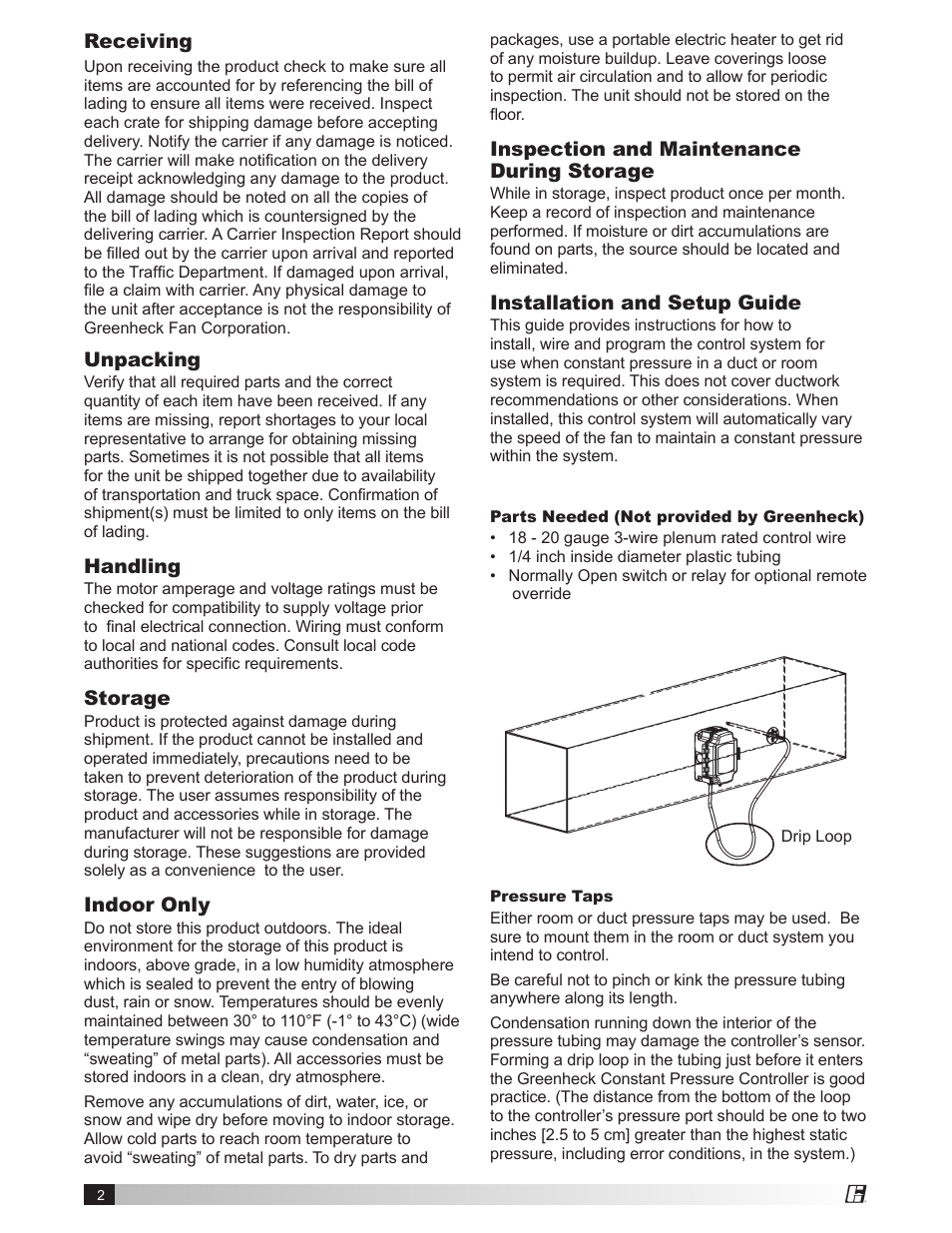 Receiving, Unpacking, Handling | Storage, Indoor only, Inspection and maintenance during storage, Installation and setup guide | Greenheck Vari-Green Control - Constant Pressure Indoor (474766) User Manual | Page 2 / 8