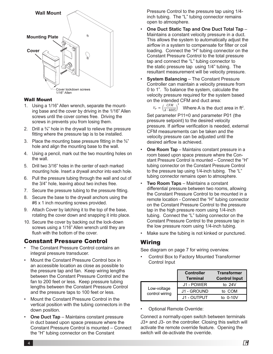 Constant pressure control, Wiring | Greenheck Vari-Green Control - Constant Pressure Indoor (474766) User Manual | Page 4 / 8