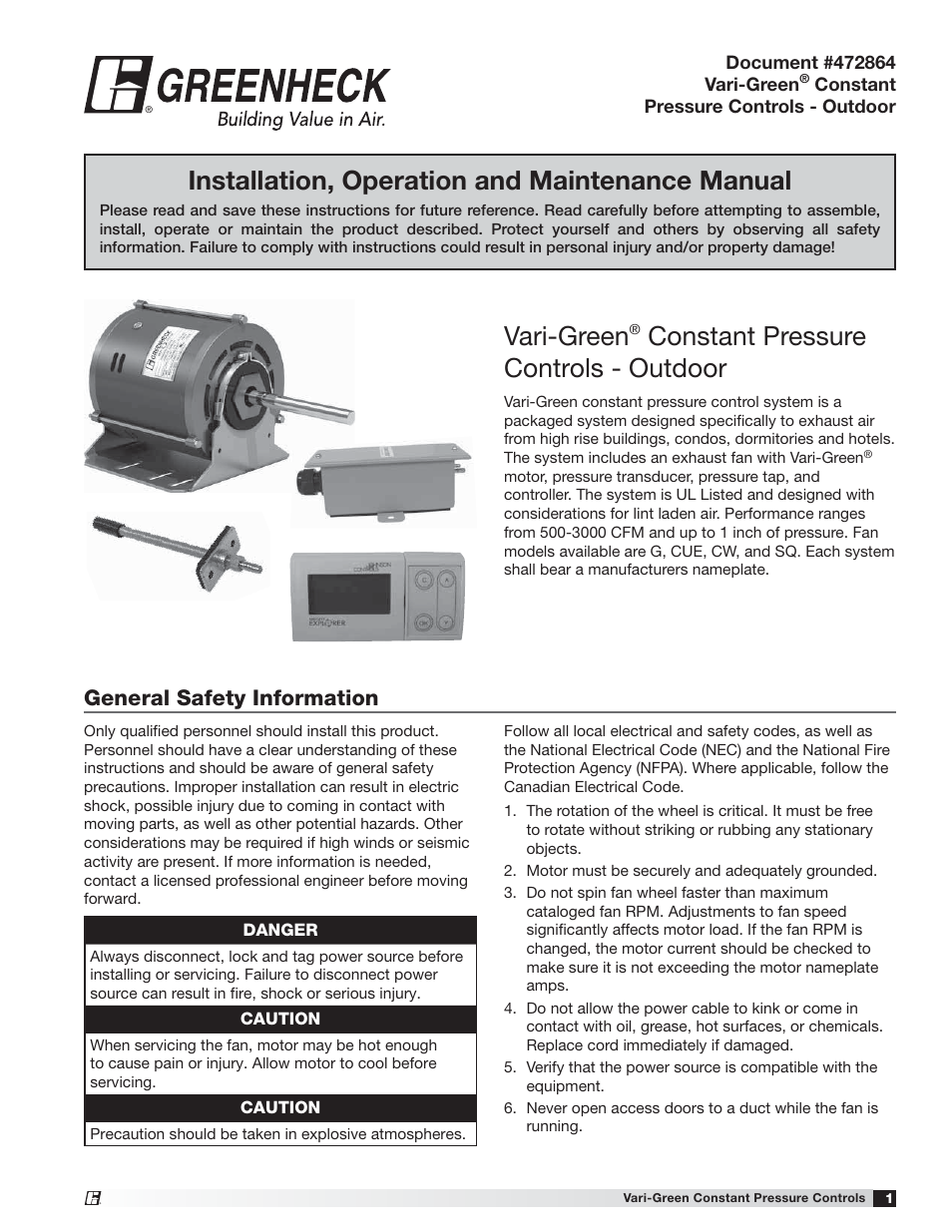 Greenheck Vari-Green Control - Constant Pressure Outdoor ( 472864) User Manual | 8 pages