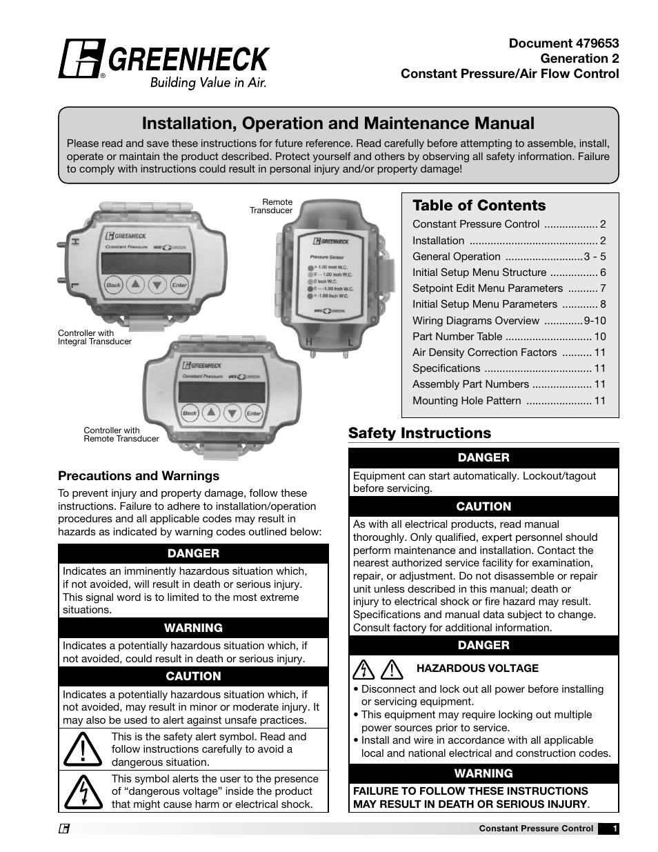 Greenheck Vari-Green Control - Constant Pressure/Air Flow Control (479653) User Manual | 12 pages