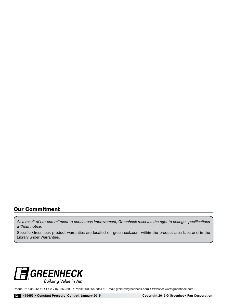Our commitment | Greenheck Vari-Green Control - Constant Pressure/Air Flow Control (479653) User Manual | Page 12 / 12