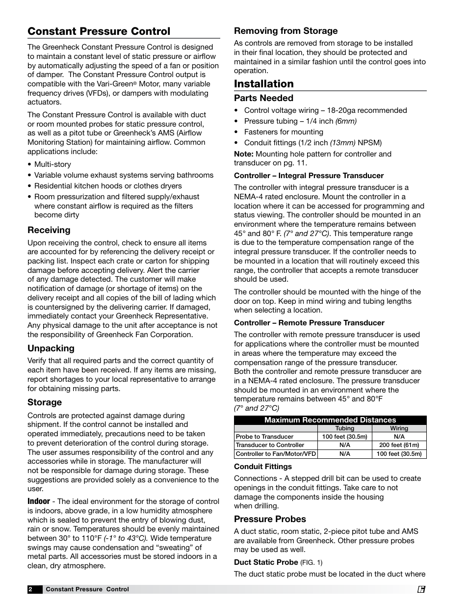 Installation, Constant pressure control | Greenheck Vari-Green Control - Constant Pressure/Air Flow Control (479653) User Manual | Page 2 / 12
