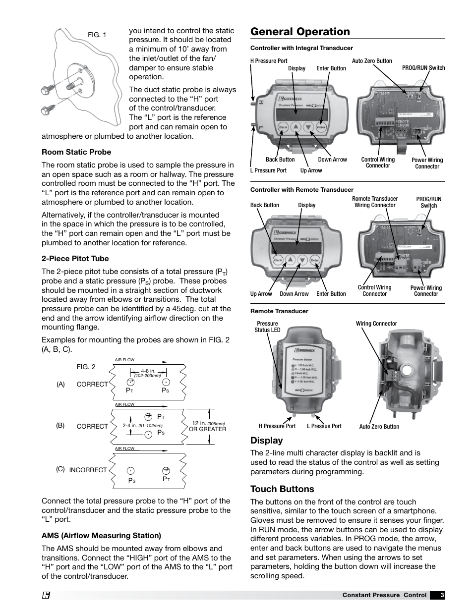 General operation, Display, Touch buttons | Greenheck Vari-Green Control - Constant Pressure/Air Flow Control (479653) User Manual | Page 3 / 12