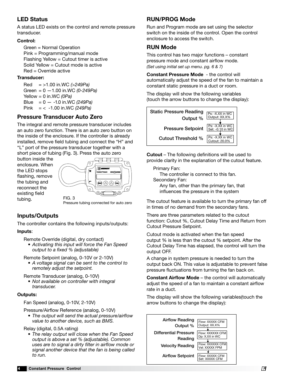 Pressure transducer auto zero, Inputs/outputs, Led status | Run/prog mode, Run mode | Greenheck Vari-Green Control - Constant Pressure/Air Flow Control (479653) User Manual | Page 4 / 12