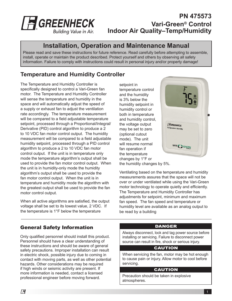 Greenheck Vari-Green Control - Indoor Air Quality - Temp/Humidity (475573) User Manual | 8 pages