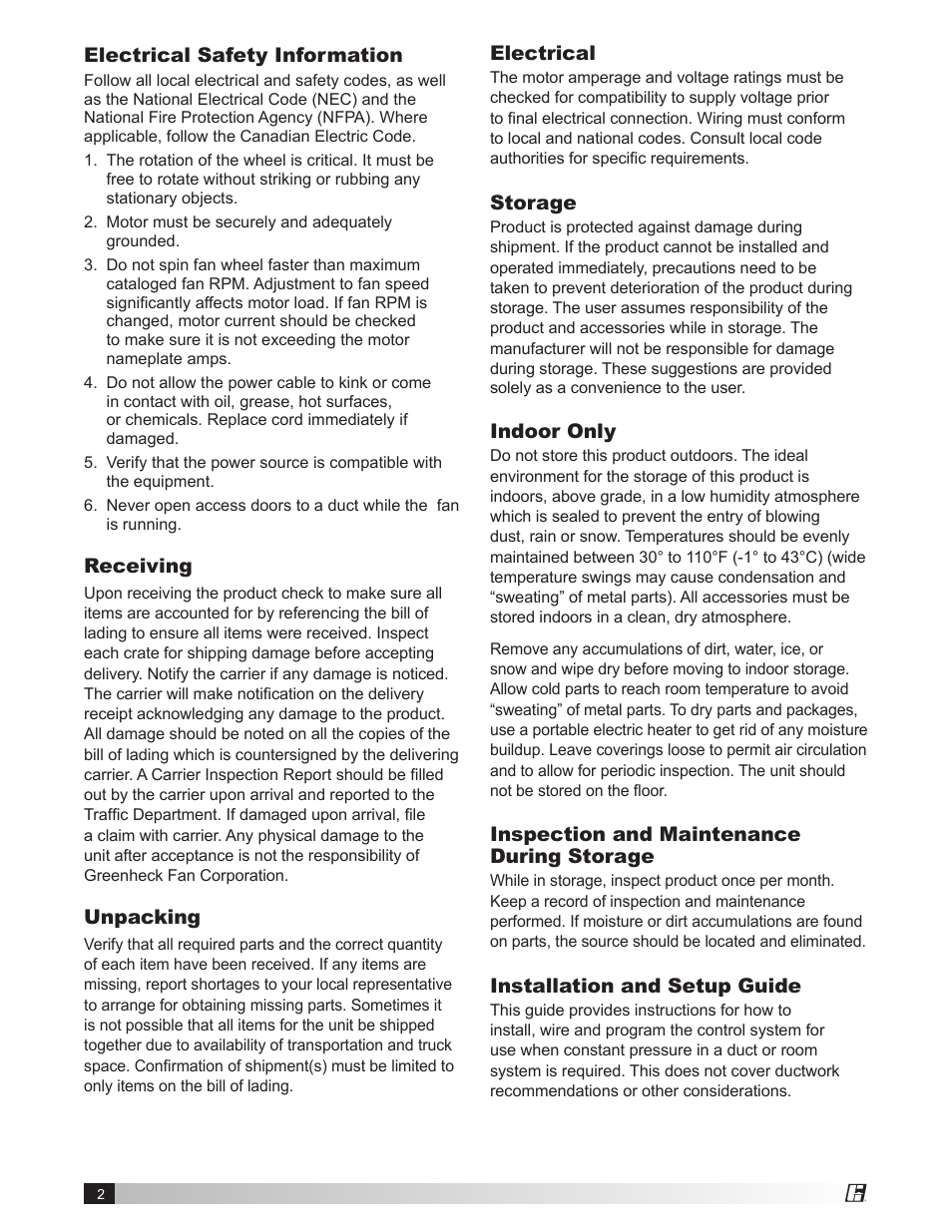 Receiving, Unpacking, Electrical | Storage, Indoor only, Inspection and maintenance during storage, Installation and setup guide, Electrical safety information | Greenheck Vari-Green Control - Indoor Air Quality - Temp/Humidity (475573) User Manual | Page 2 / 8