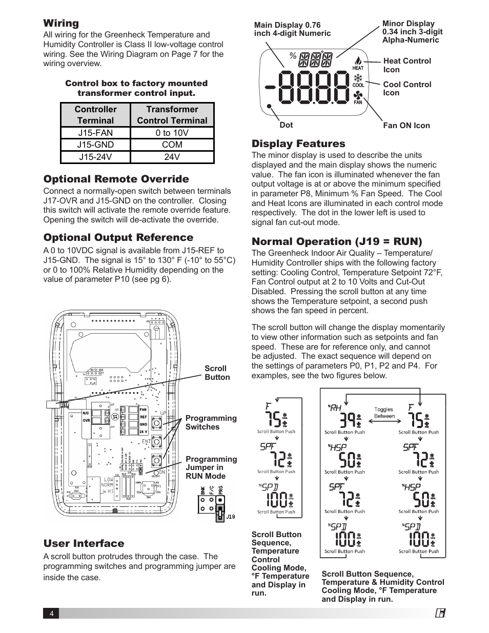 User interface, Wiring, Optional remote override | Optional output reference, Display features, Normal operation (j19 = run) | Greenheck Vari-Green Control - Indoor Air Quality - Temp/Humidity (475573) User Manual | Page 4 / 8