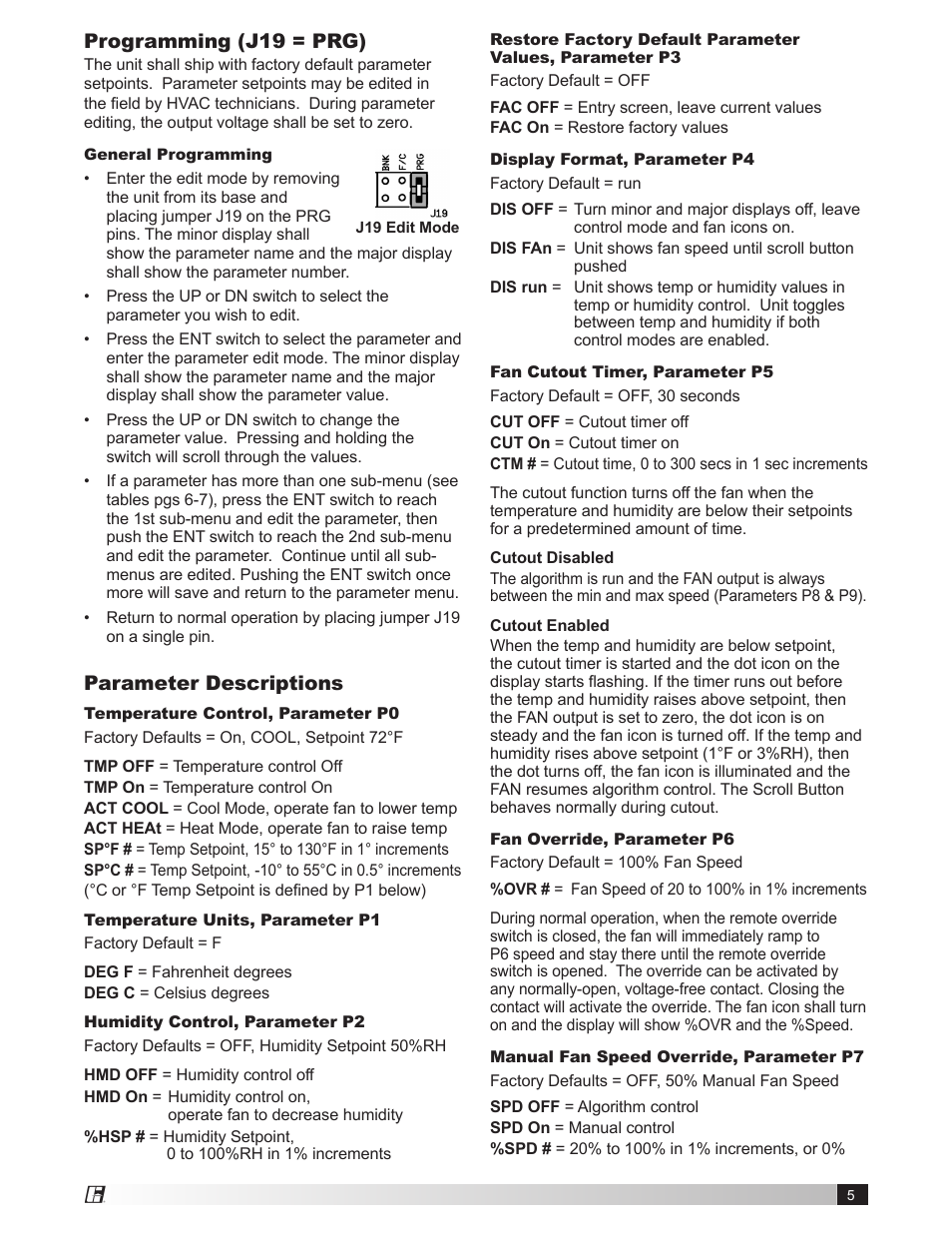 Programming (j19 = prg), Parameter descriptions | Greenheck Vari-Green Control - Indoor Air Quality - Temp/Humidity (475573) User Manual | Page 5 / 8