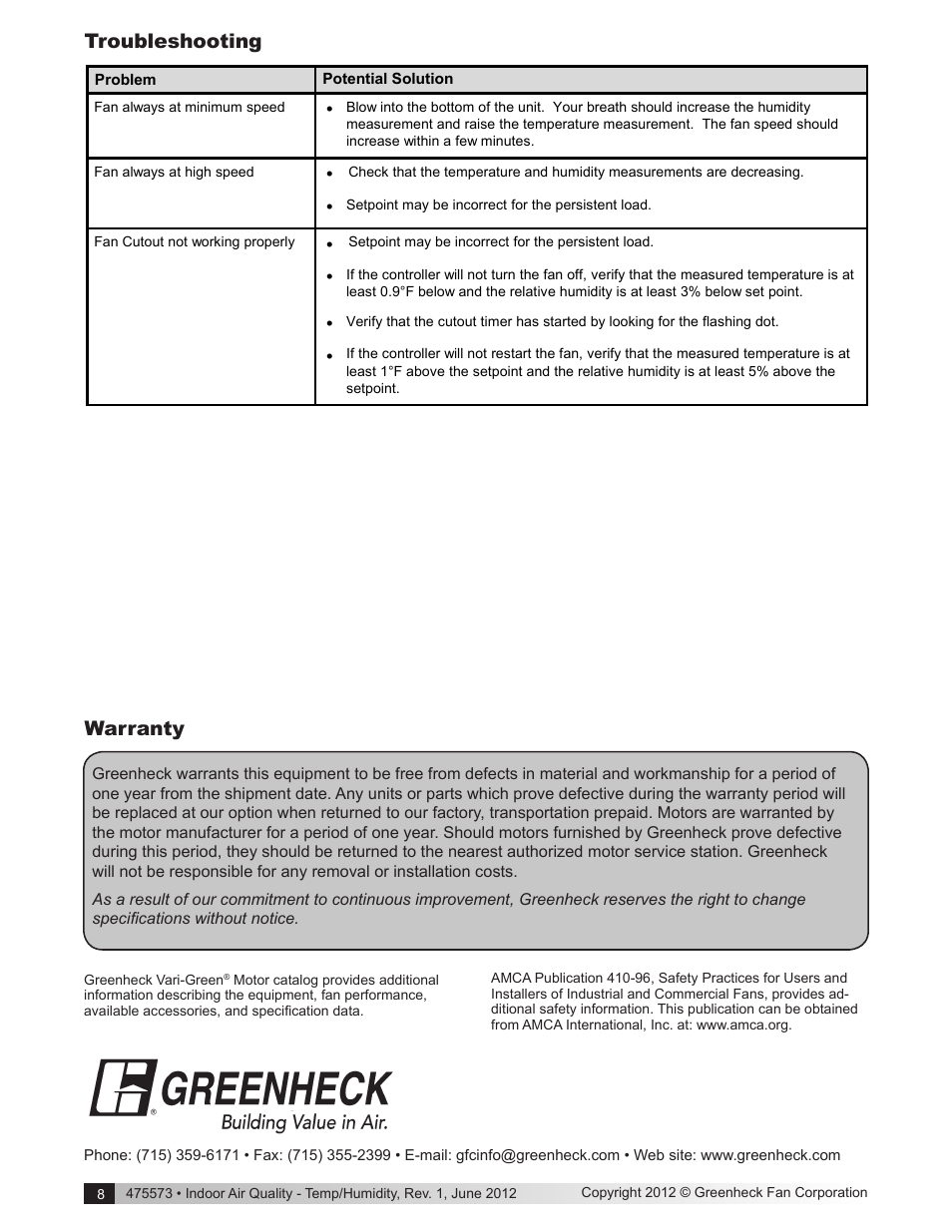 Warranty, Troubleshooting | Greenheck Vari-Green Control - Indoor Air Quality - Temp/Humidity (475573) User Manual | Page 8 / 8
