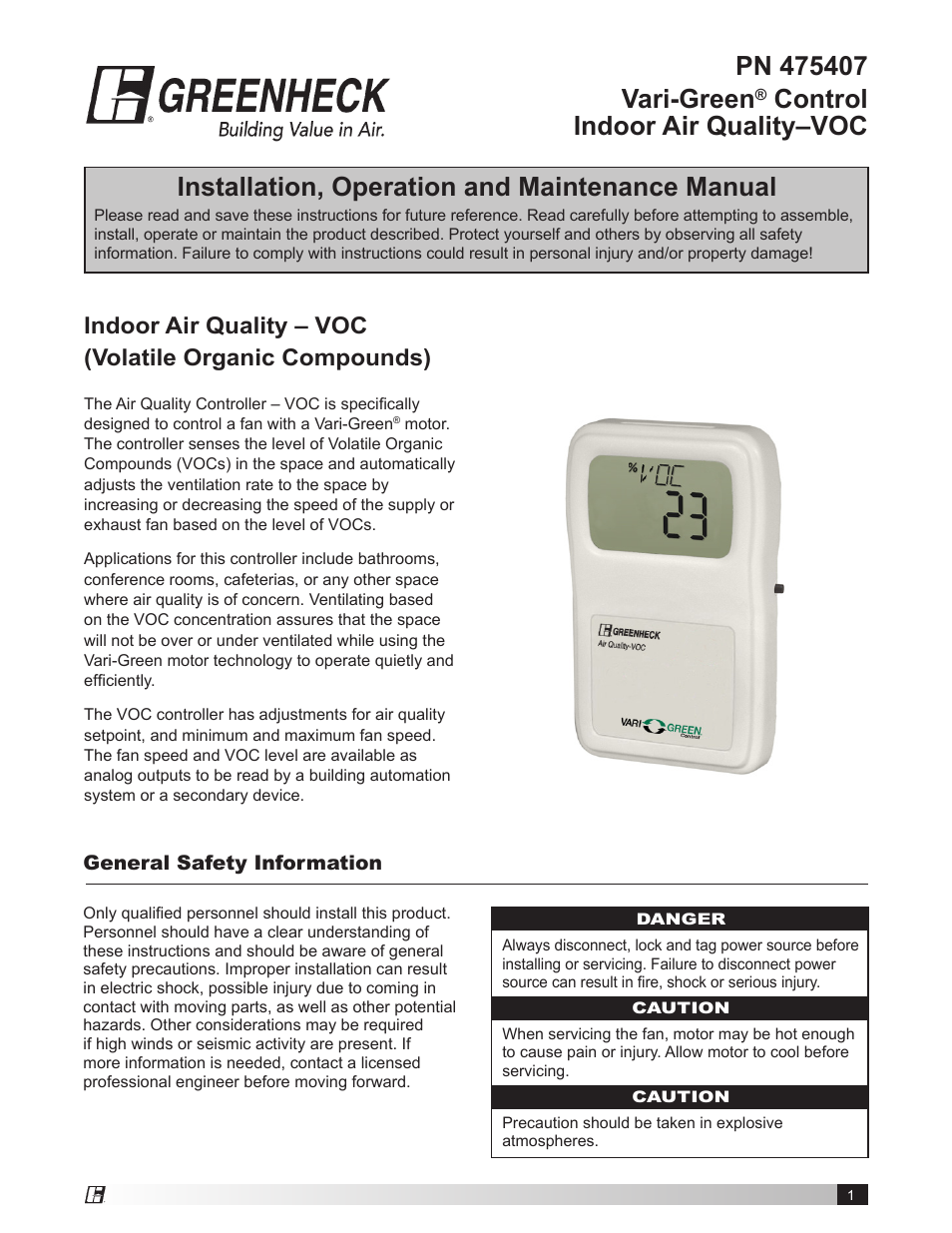 Greenheck Vari-Green Control - Indoor Air Quality - VOC (I475407) User Manual | 8 pages
