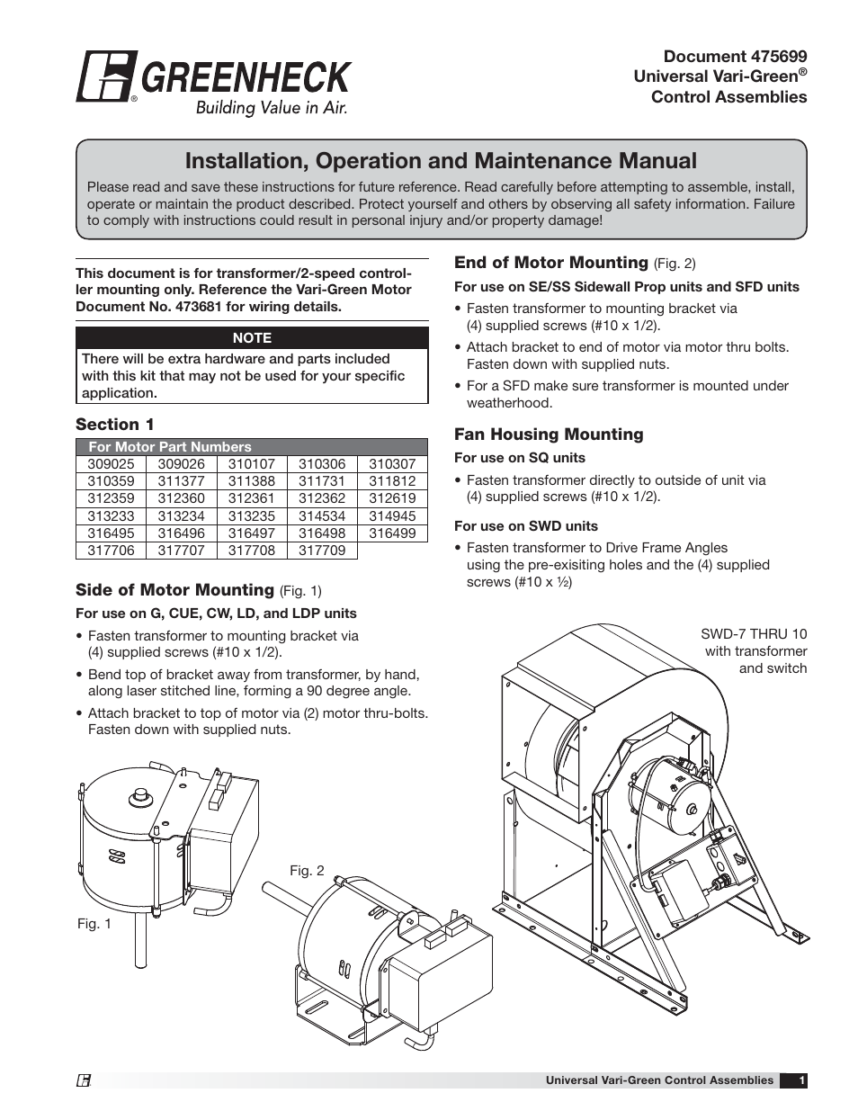 Greenheck Vari-Green Control - Universal Assemblies (475699) User Manual | 2 pages