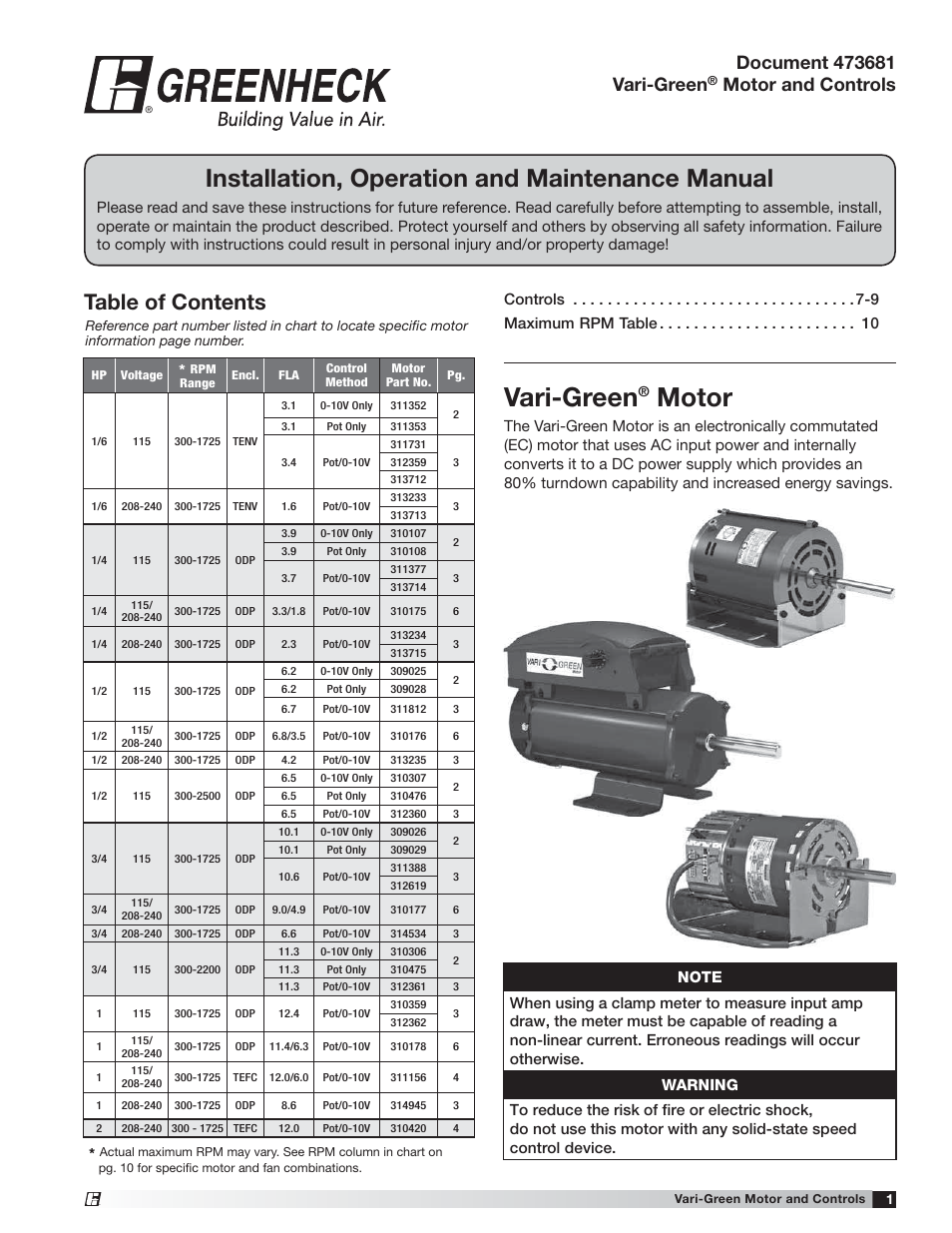 Greenheck Vari-Green Motor (IOM 473681) User Manual | 12 pages