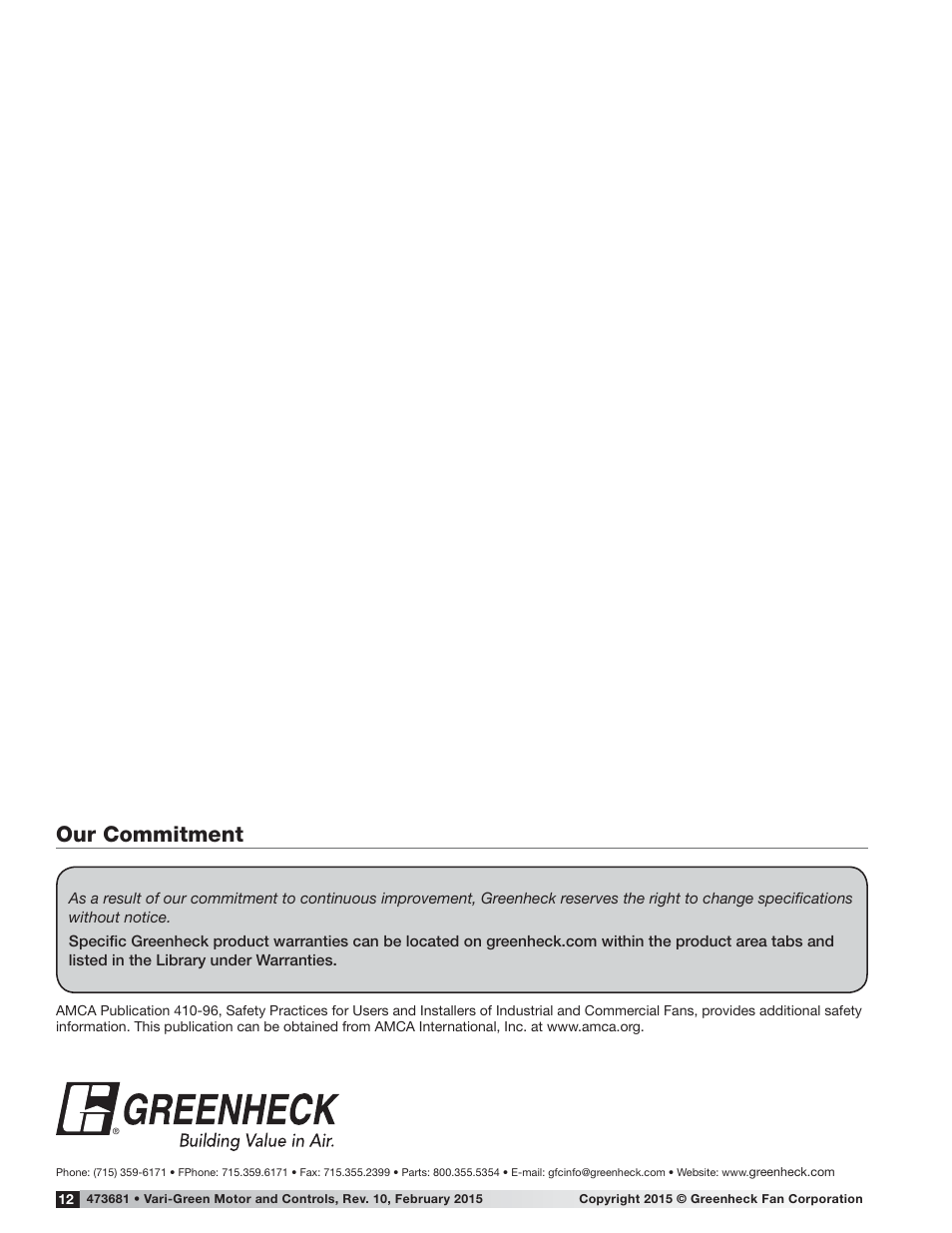 Our commitment | Greenheck Vari-Green Motor (IOM 473681) User Manual | Page 12 / 12