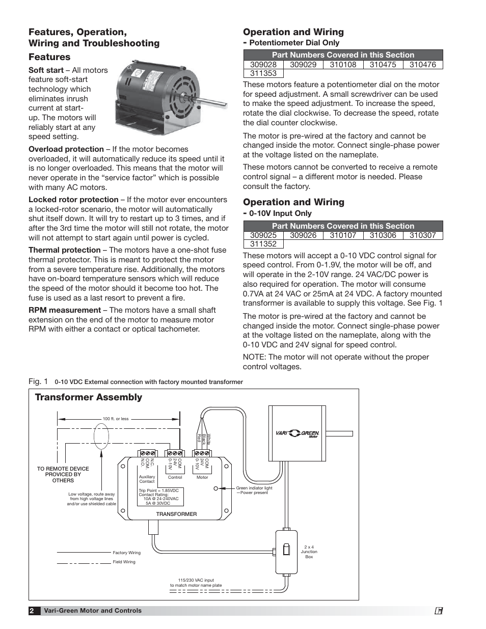 Operation and wiring, Transformer assembly | Greenheck Vari-Green Motor (IOM 473681) User Manual | Page 2 / 12