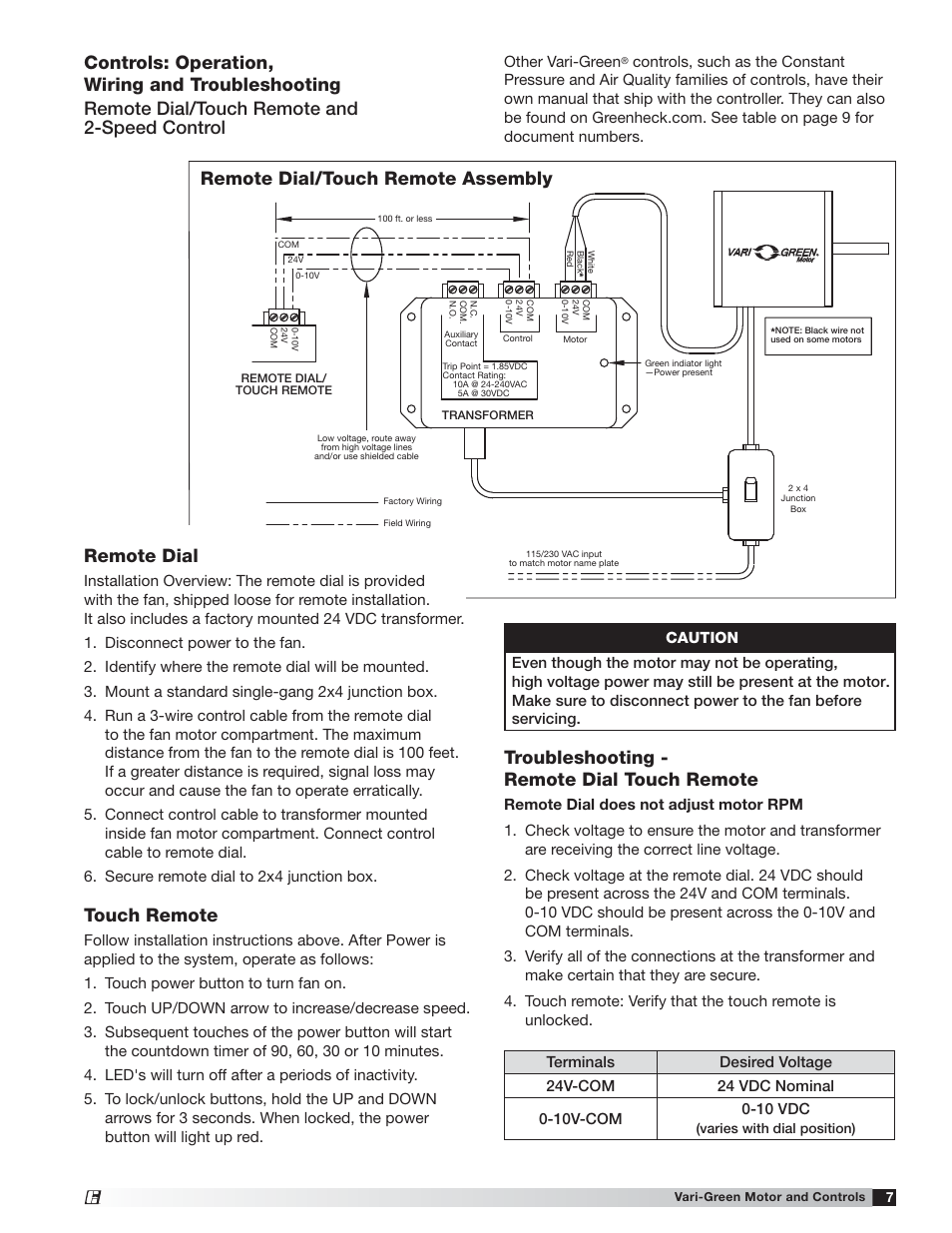 Troubleshooting - remote dial touch remote, Touch remote, Remote dial/touch remote assembly remote dial | Greenheck Vari-Green Motor (IOM 473681) User Manual | Page 7 / 12