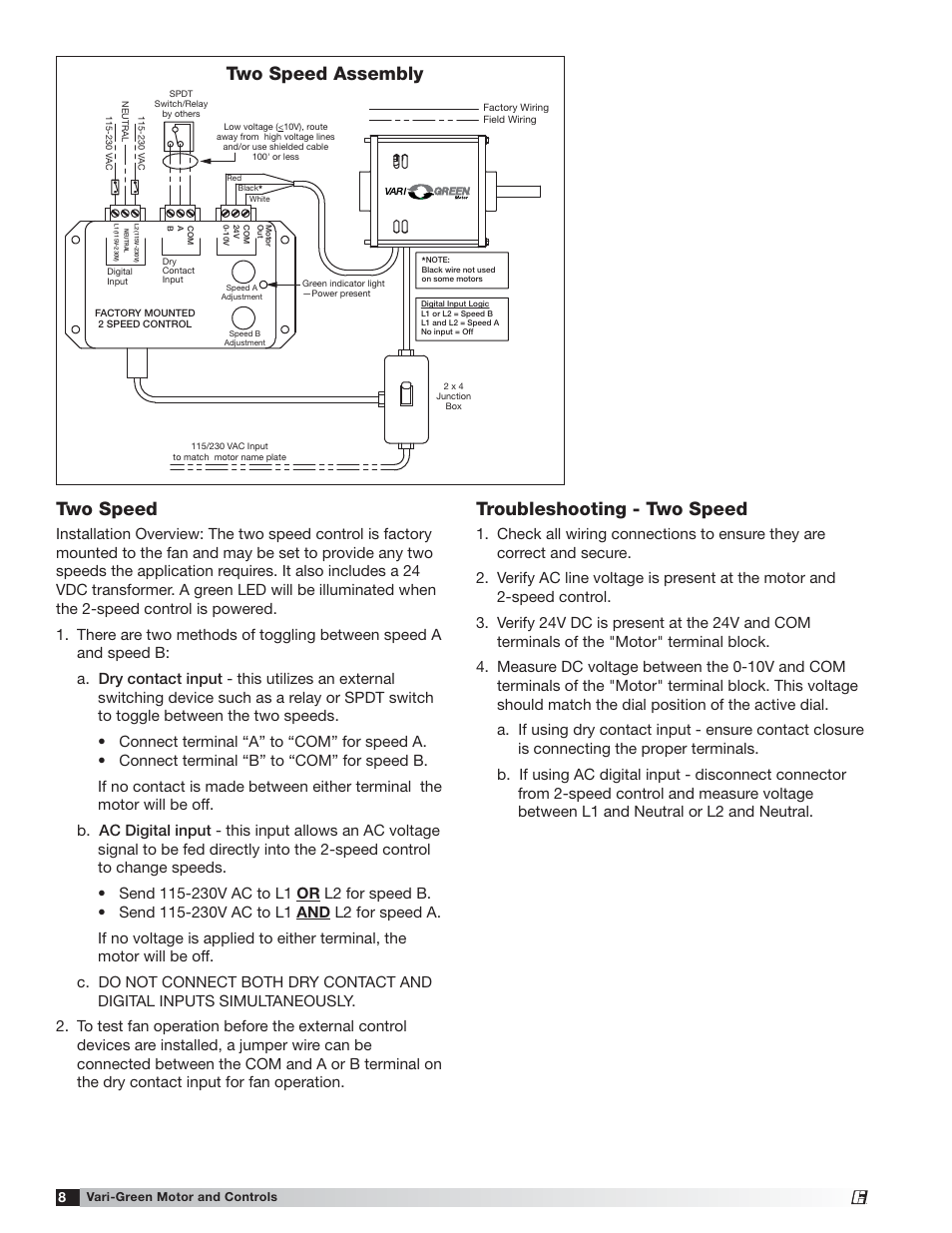 Two speed, Troubleshooting - two speed, Two speed assembly | Greenheck Vari-Green Motor (IOM 473681) User Manual | Page 8 / 12