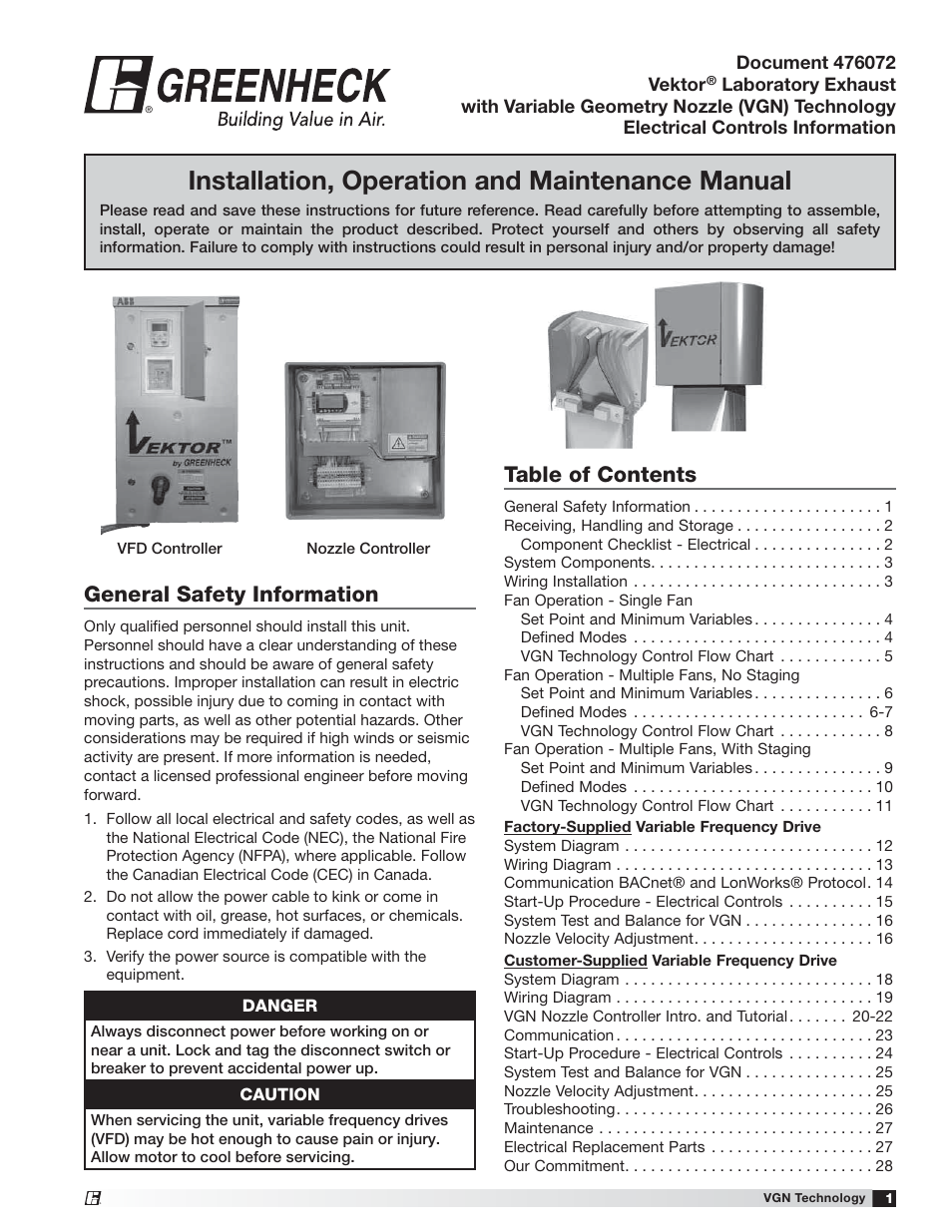Greenheck Vektor Laboratory Exhaust with VGN Technology Electrical Controls Information (476072) User Manual | 28 pages