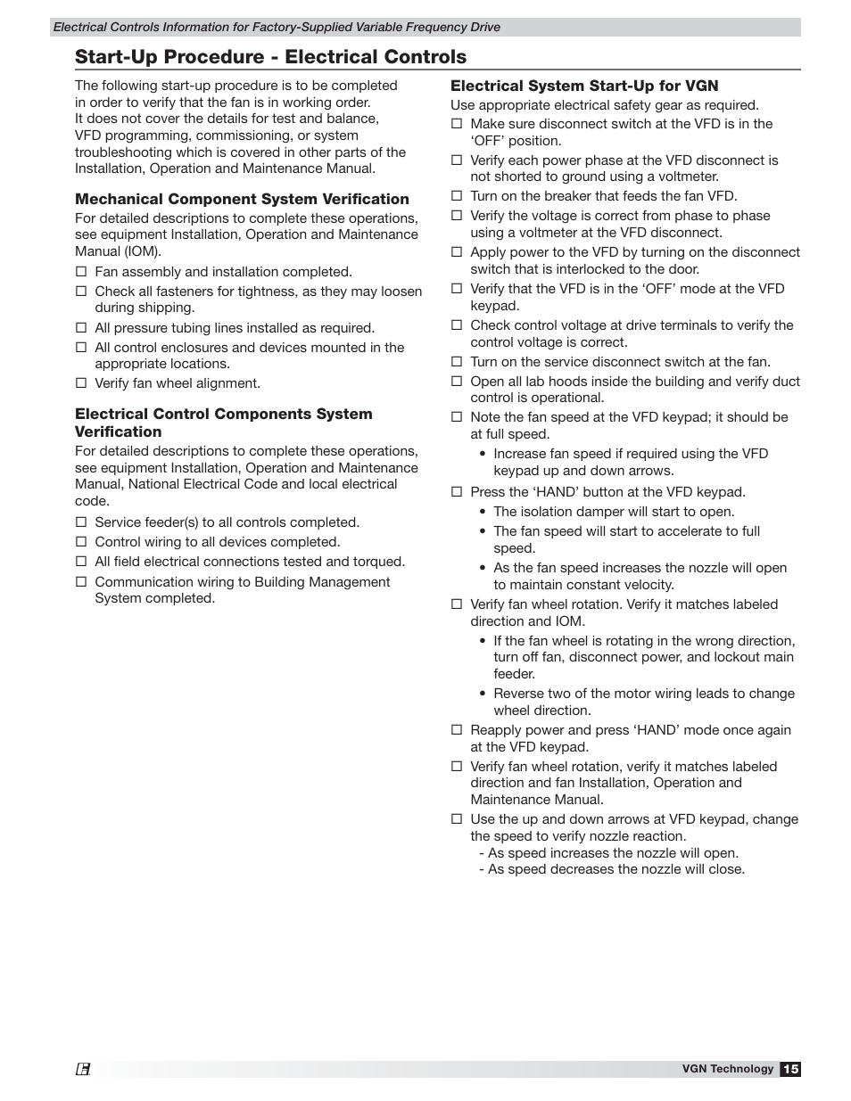 Start-up procedure - electrical controls | Greenheck Vektor Laboratory Exhaust with VGN Technology Electrical Controls Information (476072) User Manual | Page 15 / 28