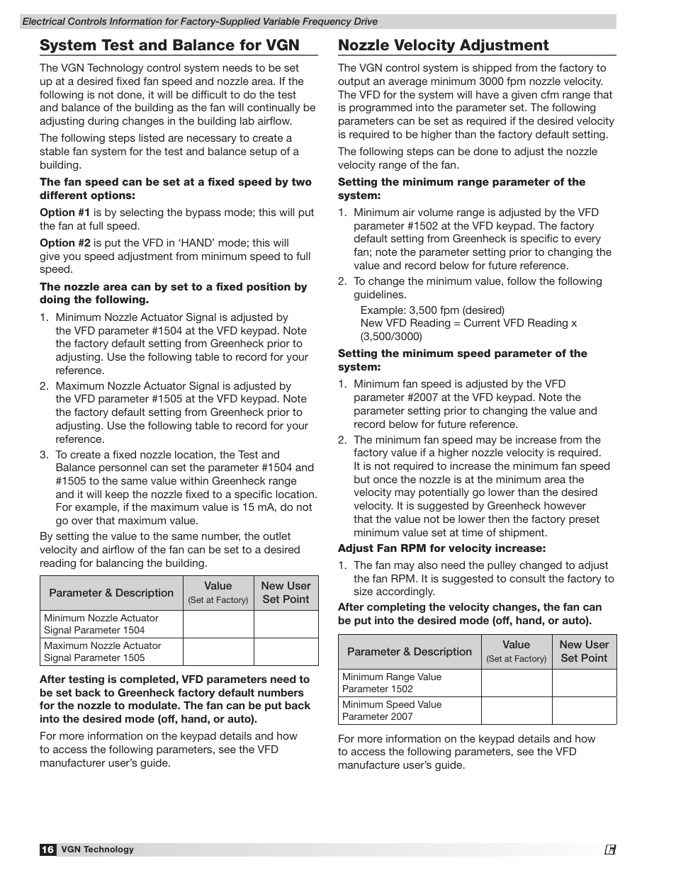 System test and balance for vgn, Nozzle velocity adjustment | Greenheck Vektor Laboratory Exhaust with VGN Technology Electrical Controls Information (476072) User Manual | Page 16 / 28