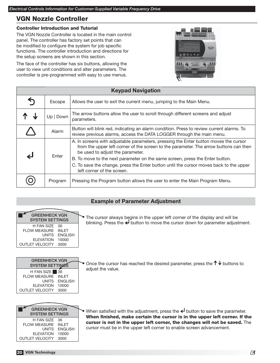 Vgn nozzle controller, Keypad navigation, Example of parameter adjustment | Greenheck Vektor Laboratory Exhaust with VGN Technology Electrical Controls Information (476072) User Manual | Page 20 / 28