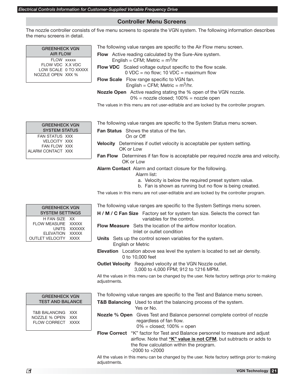 Controller menu screens | Greenheck Vektor Laboratory Exhaust with VGN Technology Electrical Controls Information (476072) User Manual | Page 21 / 28