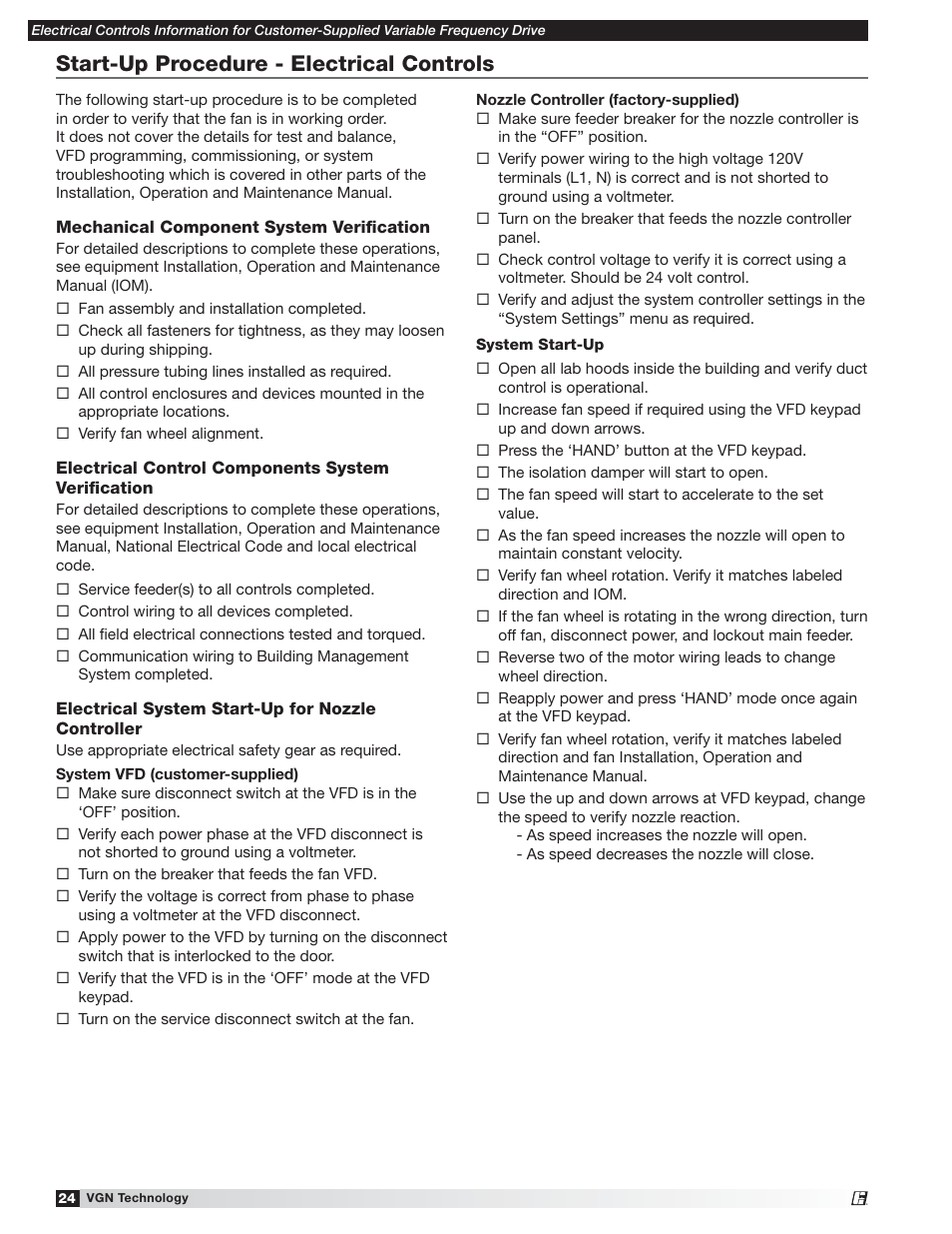 Start-up procedure - electrical controls | Greenheck Vektor Laboratory Exhaust with VGN Technology Electrical Controls Information (476072) User Manual | Page 24 / 28