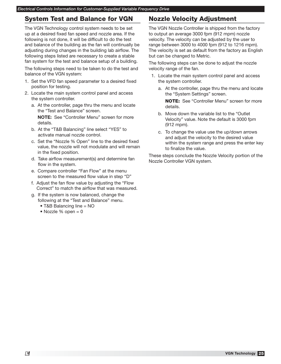 System test and balance for vgn, Nozzle velocity adjustment | Greenheck Vektor Laboratory Exhaust with VGN Technology Electrical Controls Information (476072) User Manual | Page 25 / 28