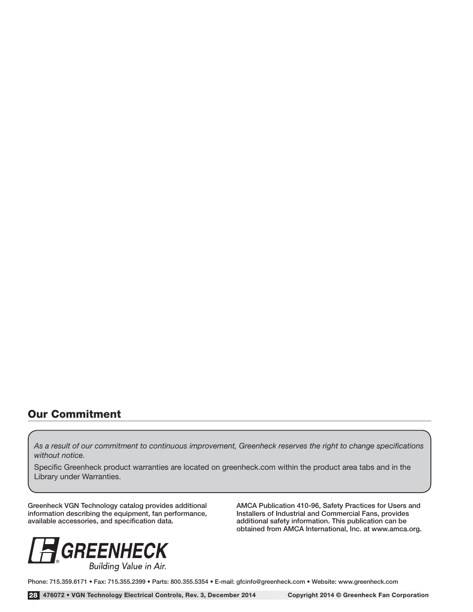 Our commitment | Greenheck Vektor Laboratory Exhaust with VGN Technology Electrical Controls Information (476072) User Manual | Page 28 / 28