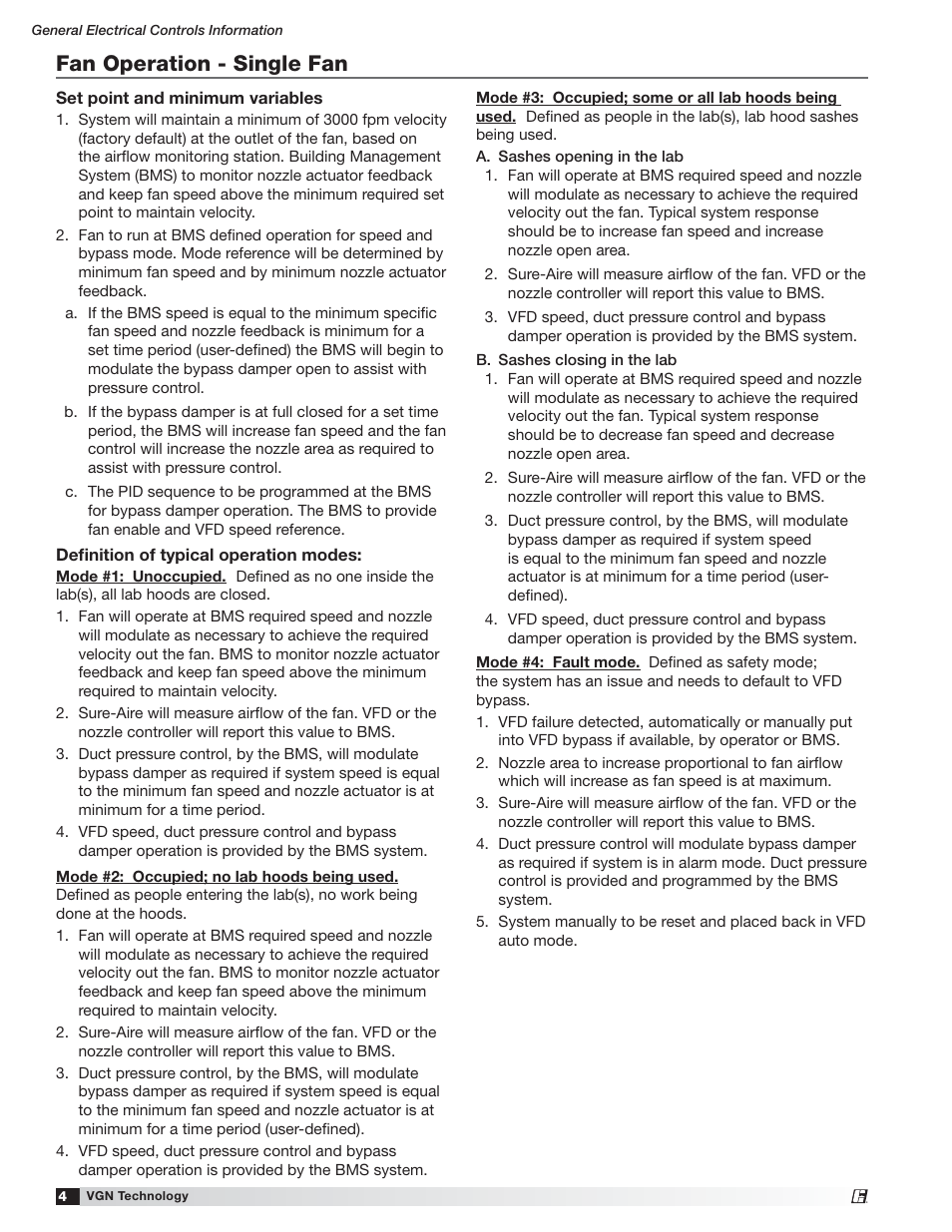 Fan operation - single fan | Greenheck Vektor Laboratory Exhaust with VGN Technology Electrical Controls Information (476072) User Manual | Page 4 / 28