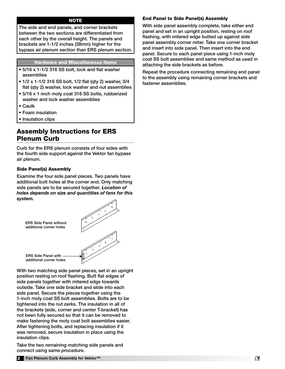 Assembly instructions for ers plenum curb | Greenheck Vektor-ERS-MD Fan Plenum Curb Assembly Instructions (474117) User Manual | Page 2 / 4