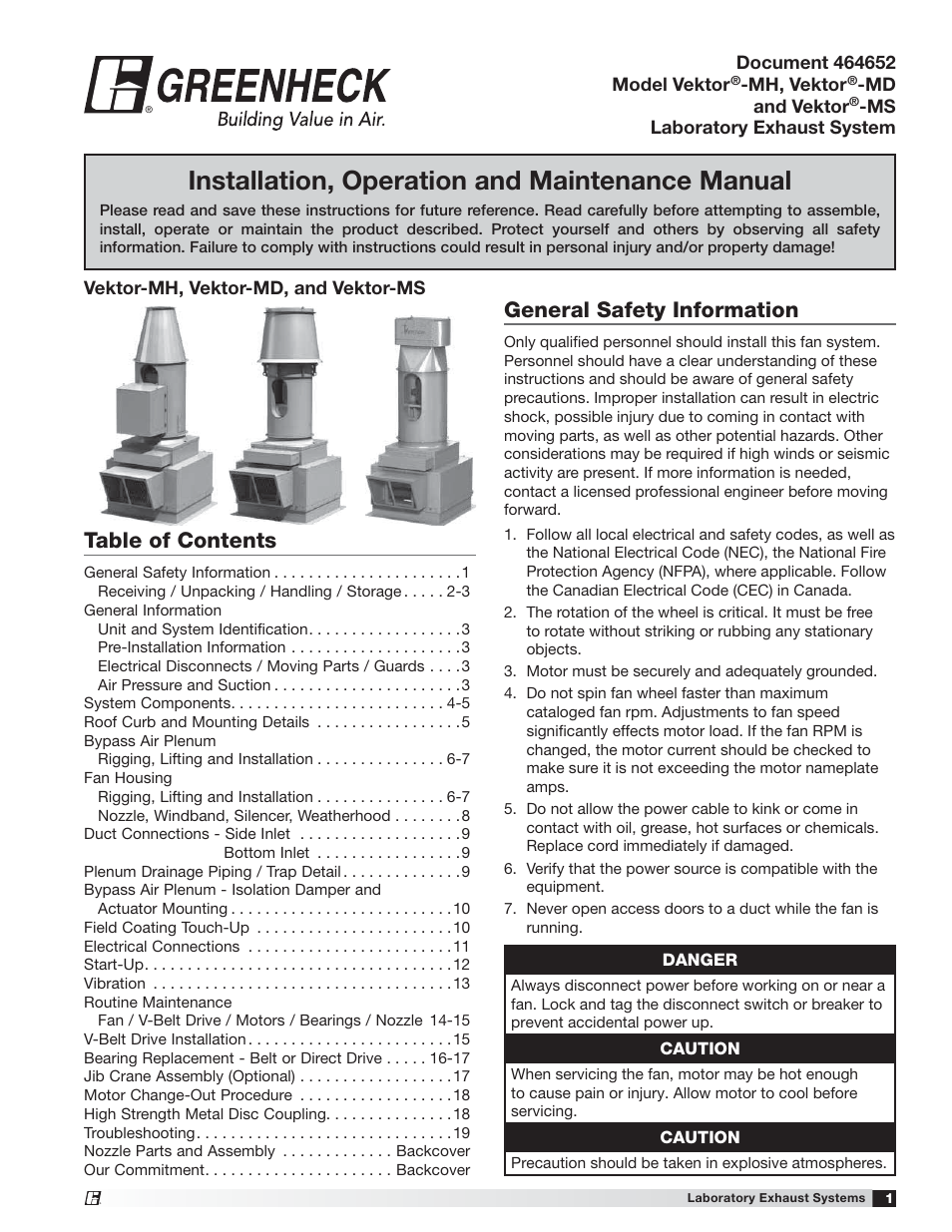 Greenheck Vektor-MH, Vektor-MD, and Vektor-MS (464652) User Manual | 20 pages