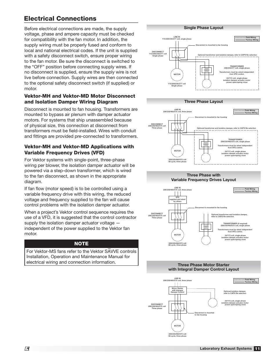 Electrical connections, Single phase layout, Three phase layout | Laboratory exhaust systems | Greenheck Vektor-MH, Vektor-MD, and Vektor-MS (464652) User Manual | Page 11 / 20