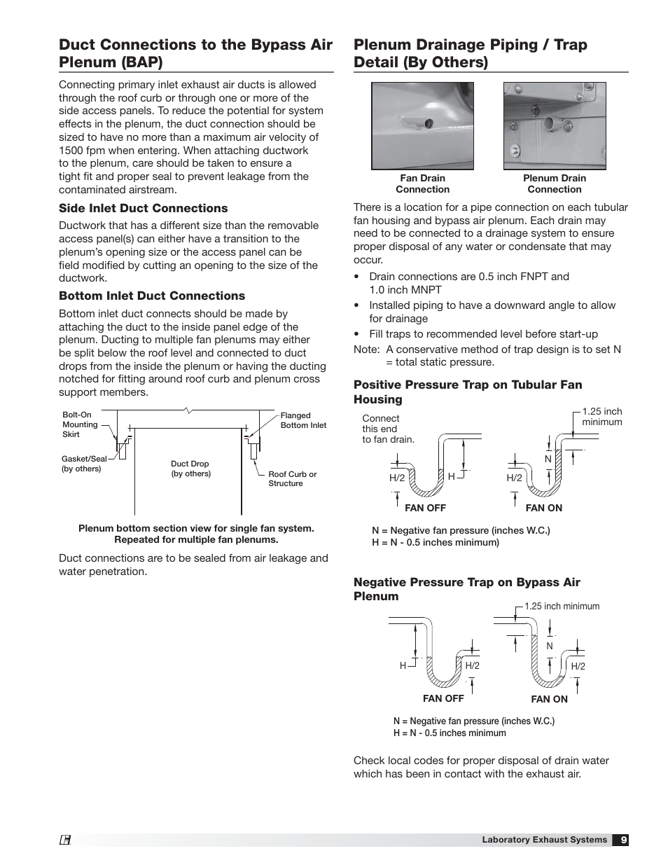 Duct connections to the bypass air plenum (bap), Plenum drainage piping / trap detail (by others) | Greenheck Vektor-MH, Vektor-MD, and Vektor-MS (464652) User Manual | Page 9 / 20